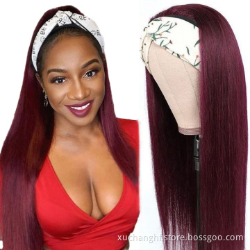 Cambodian Burgundy Straight Headband Wigs,Virgin Cuticle Aligned Red Human Hair Wigs For Black Women